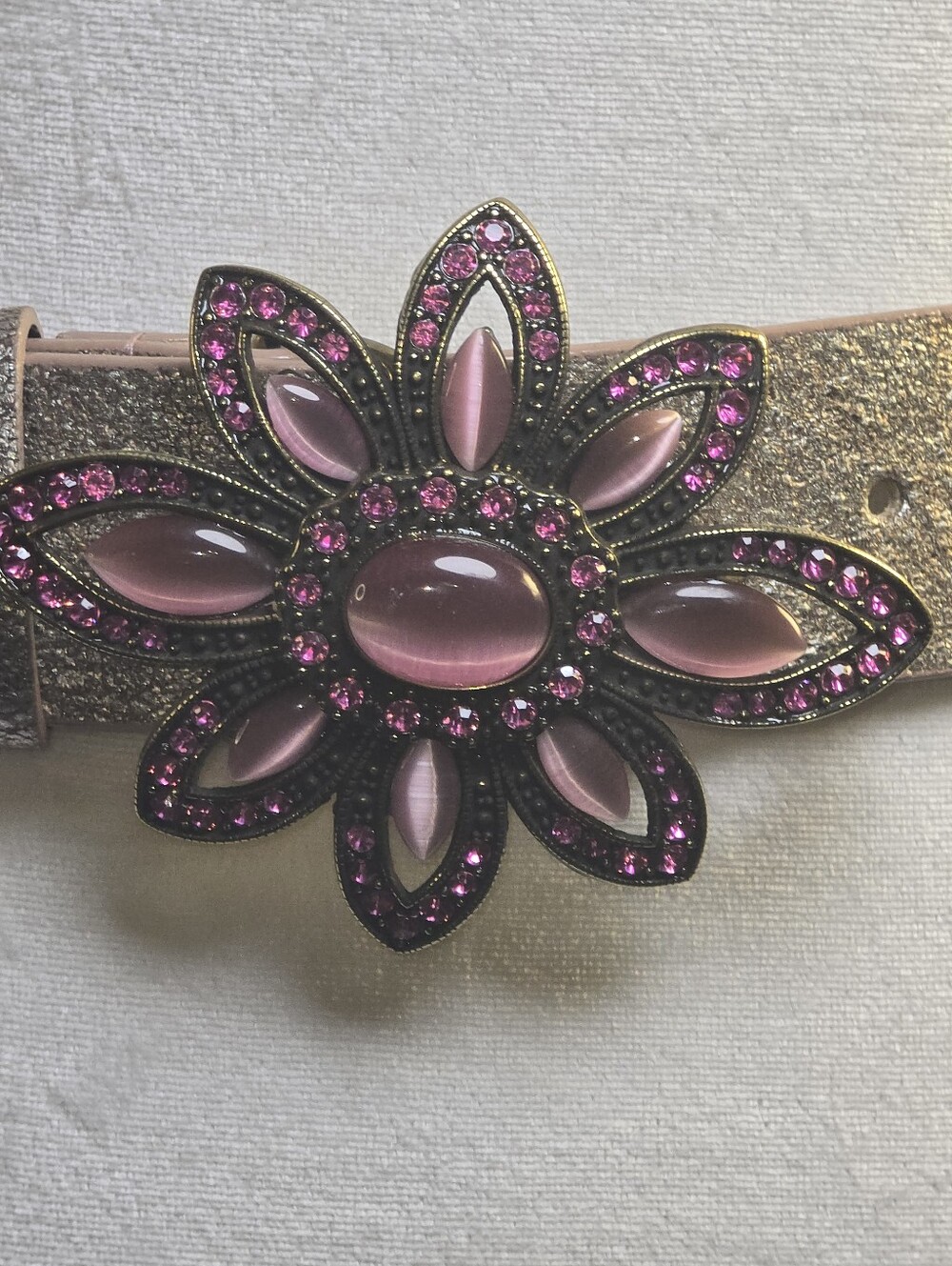 Vintage Leatherock Oversized Pink Rhinestone Flower Metallic Belt S - Picture 9 of 16